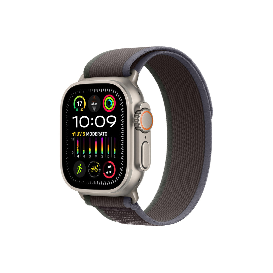 Apple Watch Ultra 2 GPS + Cellular 49mm Smartwatch con robusta cassa in titanio e Trail Loop blu/nero - M/L. Fitness tracker, GPS di precisione, tasto Azione, batteria a lunghissima durata-iStoreMilano