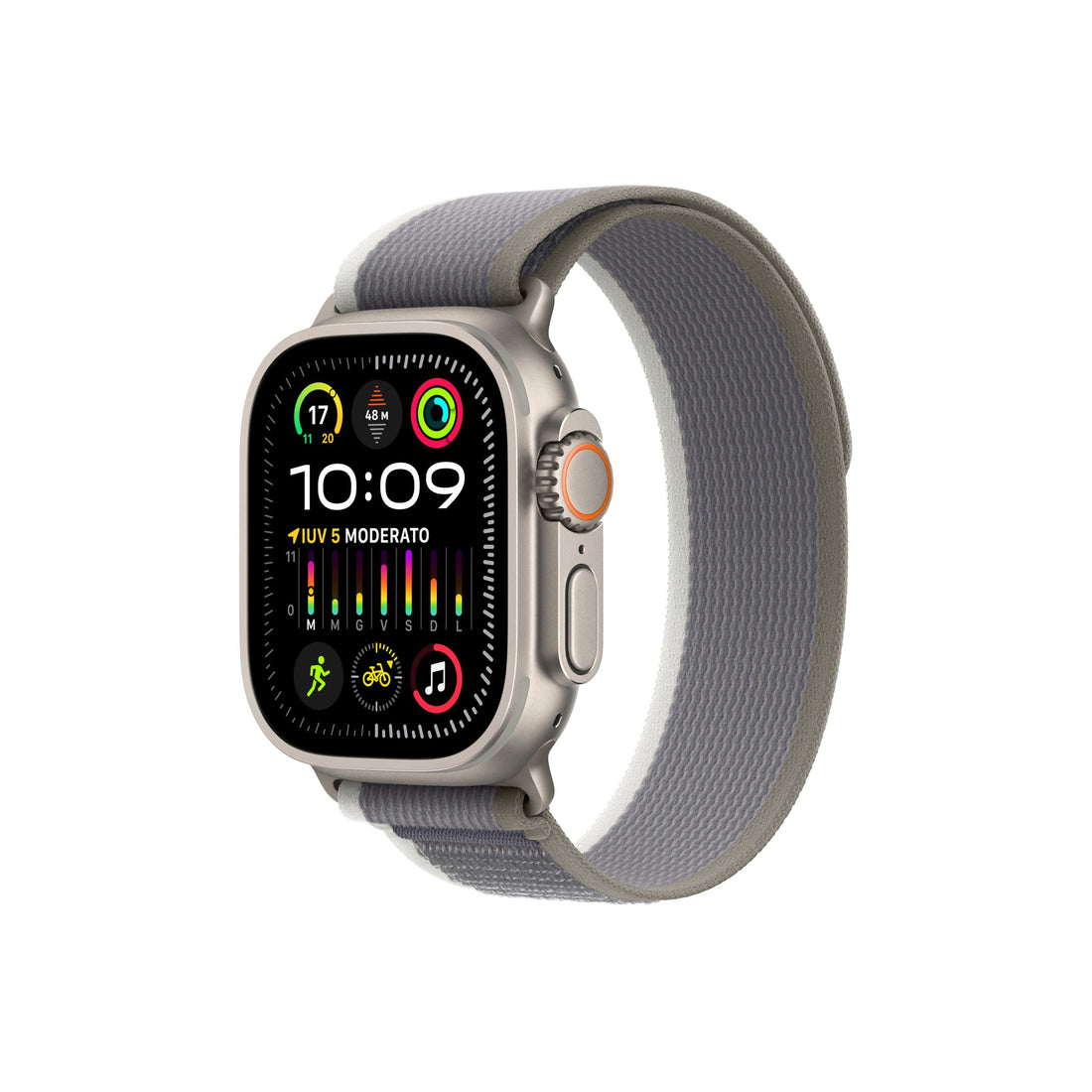 Apple Watch Ultra 2 GPS + Cellular 49mm Smartwatch con robusta cassa in titanio e Trail Loop verde/grigio - M/L. Fitness tracker, GPS di precisione, tasto Azione, batteria a lunghissima durata-iStoreMilano